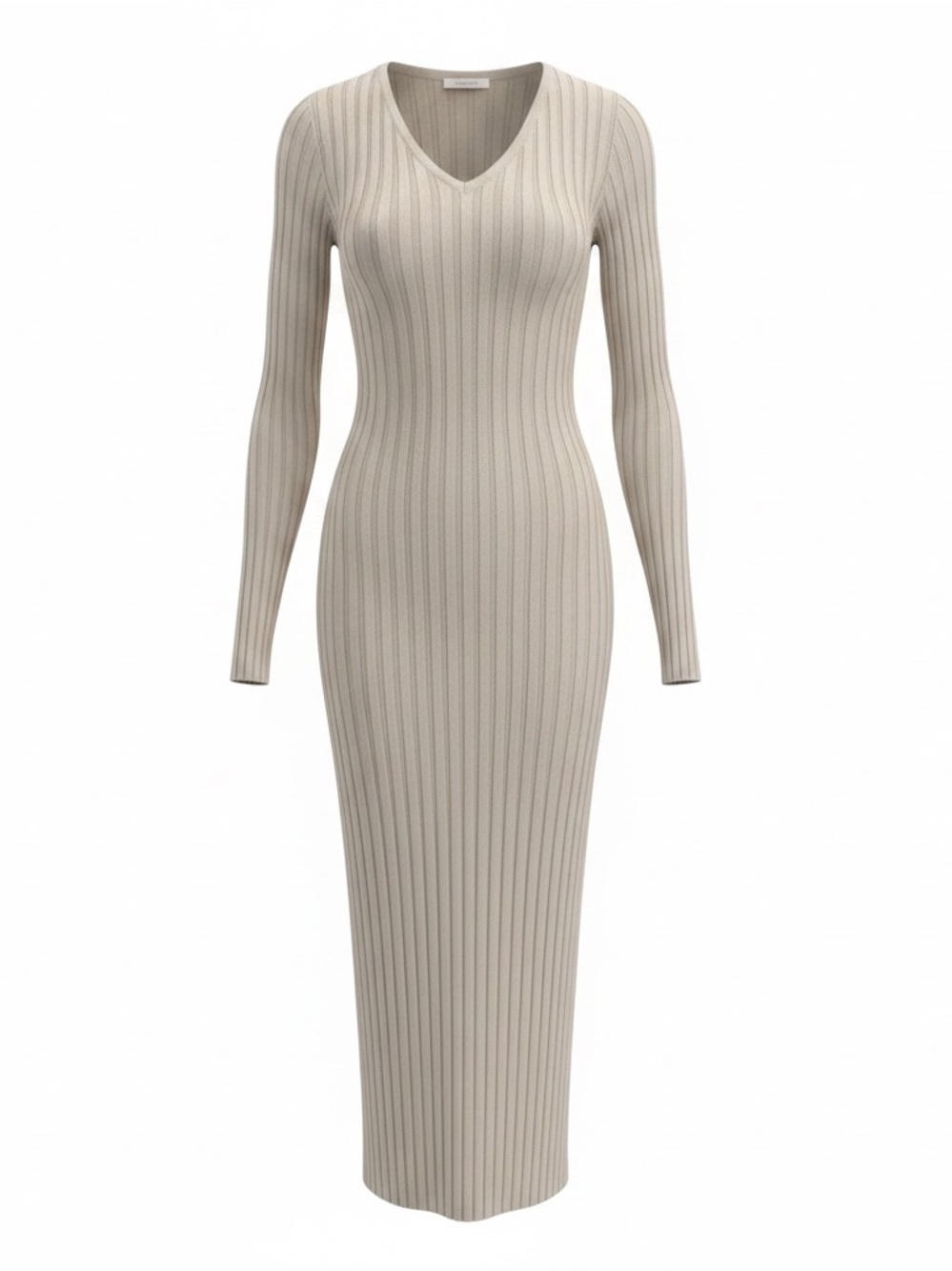 ILLA ILLA Beige Ribbed V-Neck Long Sleeve Maxi Dress - Picture 2 of 5